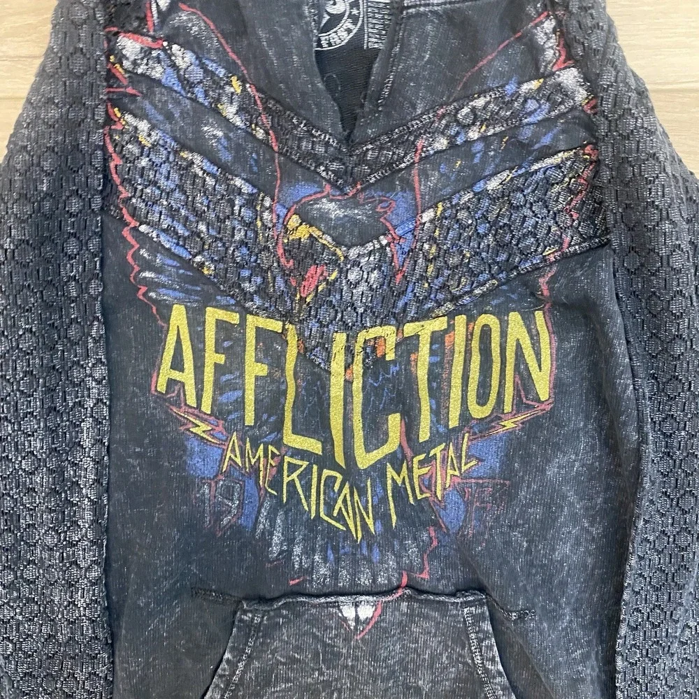 Affliction American Metal Stone Wash Pullover Hoodie Womens Medium Lace Arms Y2K - Picture 3 of 5